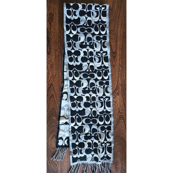 Y2K Coach Dream Reversible Merino Wool Muffler Fringe Scarf Black Gray and Ivory - Picture 3 of 3